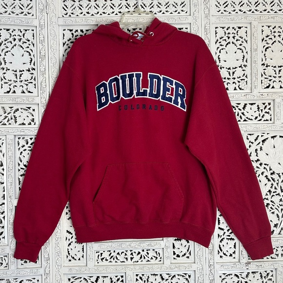 Y2K red Champion Boulder Colorado logo sweatshirt hoodie size large   Embroidere - Picture 1 of 10